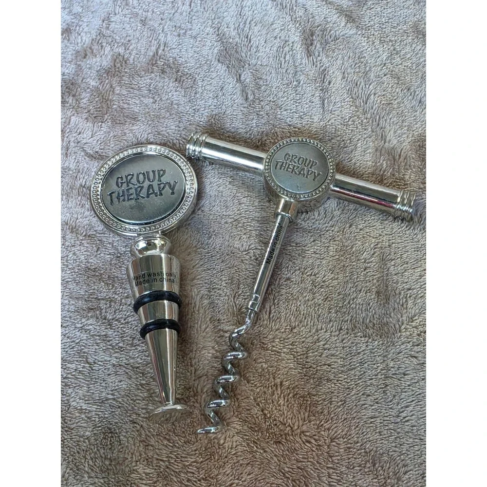 Group Therapy Wine Stopper and Corkscrew Set Silver Tone Barware 2 Piece